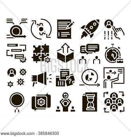 Scrum Agile Collection Elements Vector Icons Set Thin Line. Agile Rocket And Document File, Gear And