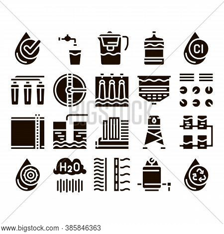 Water Treatment Items Glyph Icons Set Vector. Filter And Cleaning System Water Treatment Elements Fr