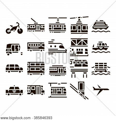 Public Transport Vector Line Icons Set. Trolleybus And Bus, Tramway And Train, Cable Way And Monorai