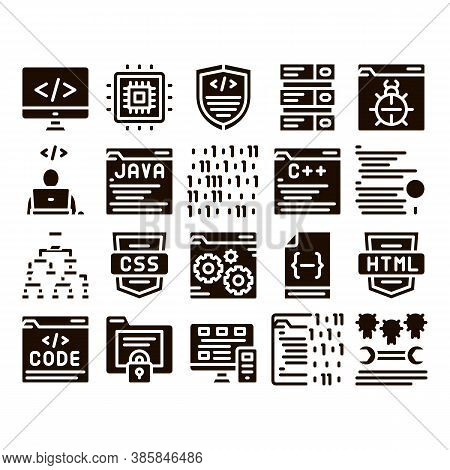 Coding System Glyph Icons Set Vector. Binary Coding System, Data Encryption Pictograms. Web Developm