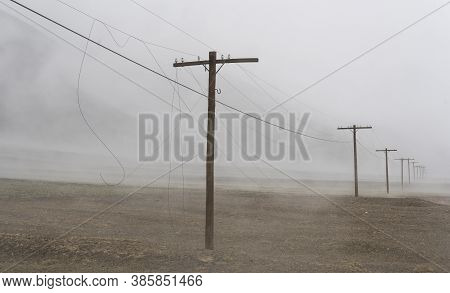 Broken Electrical Power Poles At The Pamir Highway In Tajikistan Near Alichur And Murghab.