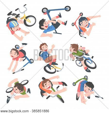 Kids Falling Down From Bikes Set, Traumatic Situations, Health Risk, Pain, Injury Cartoon Style Vect