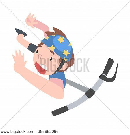 Boy In Safety Helmet Falling Down From Kick Scooter, View From Above, Traumatic Accident, Health Ris