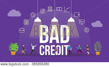 Bad Credit Financial Report Concept With People And Big Text Word And Related Icon Flat