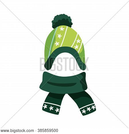 Cute Green Childish Bobble Hat And Scarf Vector Flat Illustration. Woolen Warm Seasonal Headdress Wi
