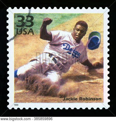 United States Of America - Circa 1999: A Postage Stamp Printed In Usa Showing An Image Of Jackie Rob