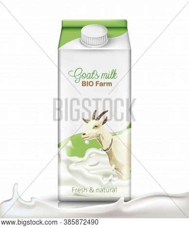 Carton Box With A Goat Submerged In Milk On It. Fresh And Natural. Realistic. 3d Mockup Product Plac