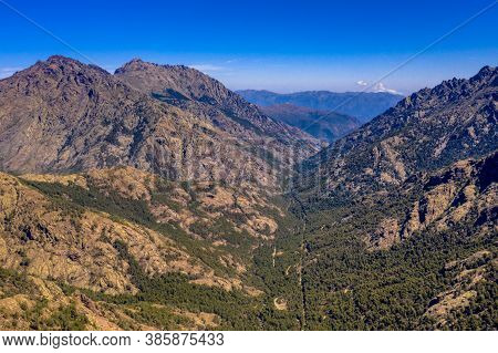 Aerial View Of Asco River Gorge In Haute Corse On Corsica Island, France