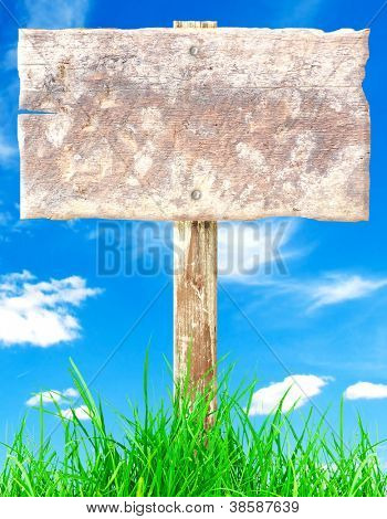 Letrero de madera con hierba sobre fondo de cielo