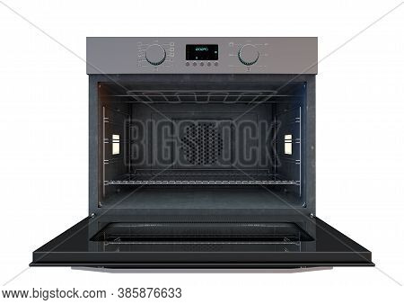 An Open Empty Household Kitchen Oven With A Brushed Metal Finish And Modern Illuminated Dials On An 