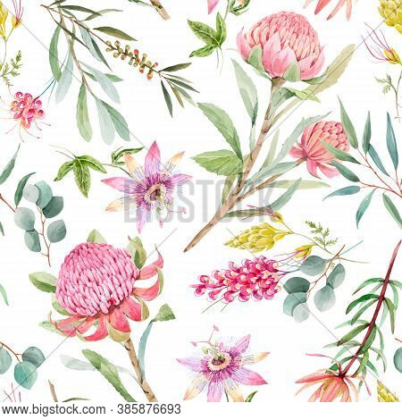 Beautiful Vector Seamless Floral Pattern With Watercolor Summer Protea And Passionflower Flowers. St