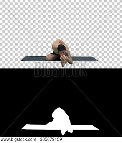 Young Man Practicing Yoga In Half Hero Stretch Pose, Alpha Chann