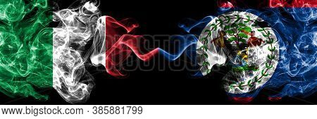 Italy Vs Belize, Belizean Smoky Mystic Flags Placed Side By Side. Thick Colored Silky Abstract Smoke