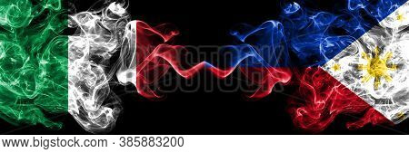Italy Vs Philippines, Filipino Smoky Mystic Flags Placed Side By Side. Thick Colored Silky Abstract 