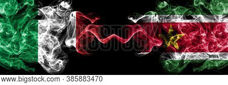 Italy Vs Suriname, Surinamese Smoky Mystic Flags Placed Side By Side. Thick Colored Silky Abstract S