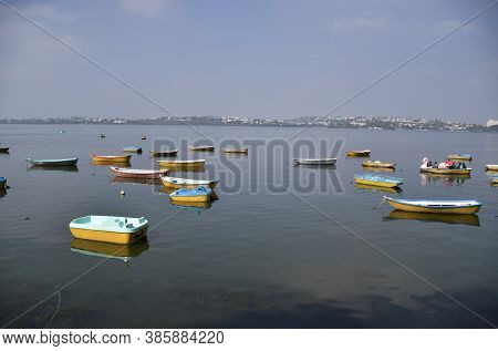 Small Multicolor Boats Sailing In The Lake, Bhopal