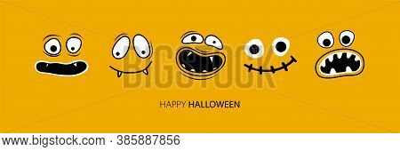 Horizontal Banner Template For Halloween. Scary And Funny Smiling Faces Of Halloween With Jaws, Teet
