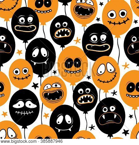Happy Halloween Holiday Seamless Pattern. Balloons With Creepy Faces, Jaws, Teeth And Open Mouths. F