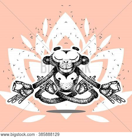 Monkey Is Meditating, Levitates, Sits In A Lotus Position And Keep Calm. Vector Illustration In Retr