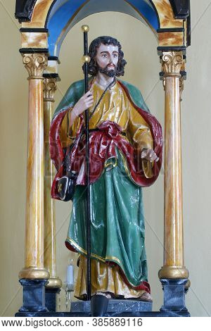 KLANJECKO JEZERO, CROATIA - NOVEMBER 06, 2013: Saint James, a statue on the pulpit in the chapel of Saint George at the Lake in Klanjecko Jezero, Croatia