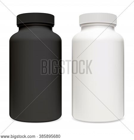 Vitamin Supplement Packaging. Black And White Plastic Pill Container Vector 3d Template. Pharmacy Ta