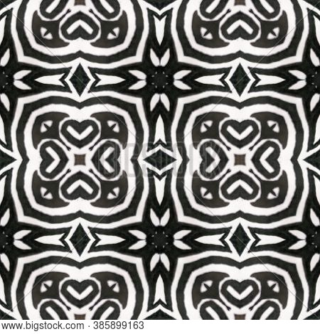 Geometric Rug Pattern. Black And White  Monochrome Seamless Texture. Abstract Ikat Print. Seamless T