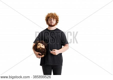 Headman. Stylish Hairdresser, Barber Isolated On White Studio Background. Holding His Working Equipm