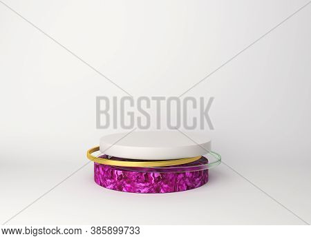 Geometry Abstract Composition Of White Pink Purple Round Cirlce Slab Of Marble, Glass, Gold Ring On 