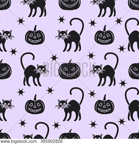 Halloween Party Seamless Pattern Vector Illustration Jack O'lantern, Cat. Spooky Pumpkin With Smile,