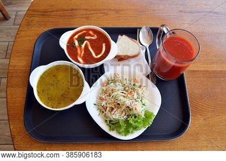 Ukrainian Borsh, Solyanka, Cabbage Salad With Fresh Tomato Juice And Bread, Simple Traditional Lunch