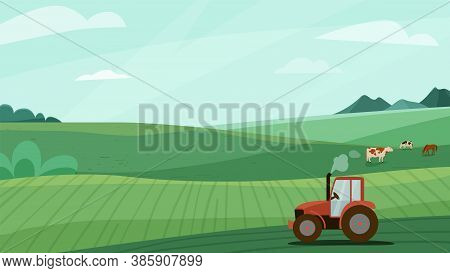 Farm Landscape Vector Illustration With Green Meadow Field, Tractor And Animal Cow Horse. Nature Spr