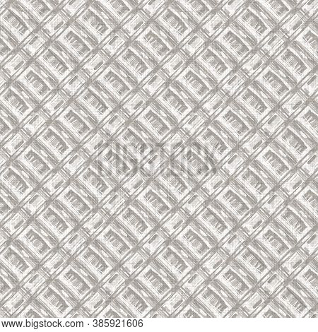 French Woven Linen Texture Geometric Shape Background. Old Ecru Flax Grey Geo Motif Seamless Pattern