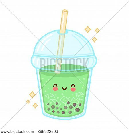 Cute Happy Funny Bubble Tea Cup. Vector Flat Line Cartoon Kawaii Character Illustration Icon. Isolat