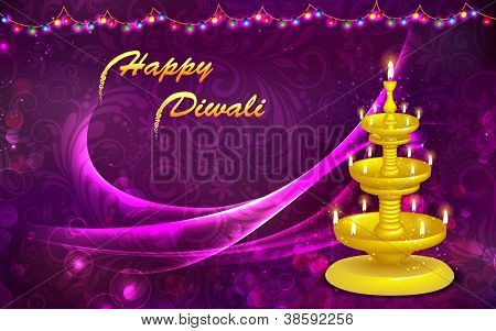 illustration of golden diya stand on abstract background