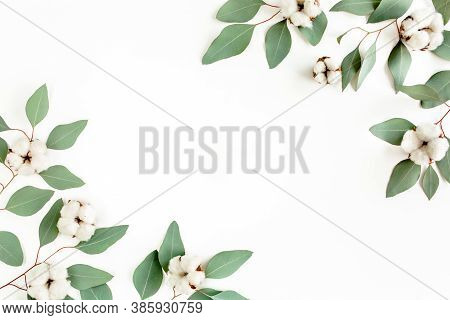 Frame Made Of Green Leaves Eucalyptus Populus Isolated On White Background With Empty Space For Text