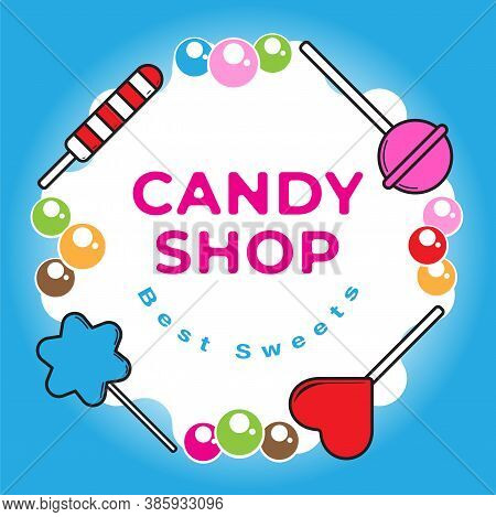 Candy Shop Banner With Sweets On The Blue Color Background.  Suitable For Social Media Post Template