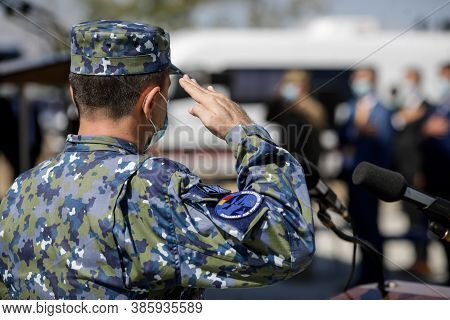 Capu Midia, Romania - September 17, 2020: Officer Of The Romanian Air Force Saluting.