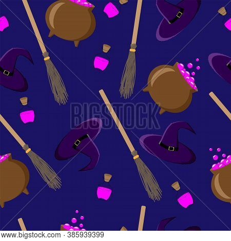 Seamless Pattern With Broom, Cauldron And Witch Hat