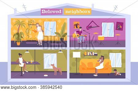 House Neighbors Concept With Music And Children Symbols Flat Vector Illustration