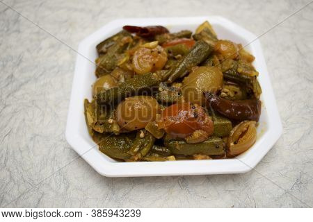 Indian Dish Bhindi Do Pyaza Top View, Ladyfinger Or Okra Home Cooked With Onions, Tomatoes And Masal