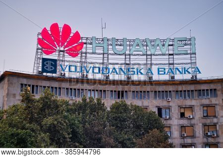 Belgrade / Serbia - September 15, 2020: Huge Huawei Logo On The Top Of The Dom Sindikata (kombank Dv
