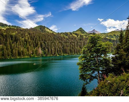 Lost In The Mountains Of Switzerland, Lake Arnesee With Crystal Clear Waters Of Turquoise And Azure