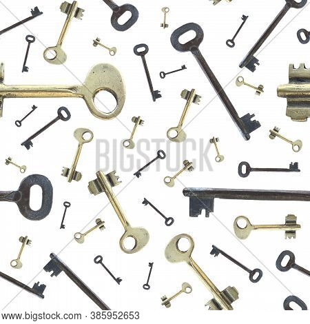 Seamless Pattern Old Rare Keys On White.