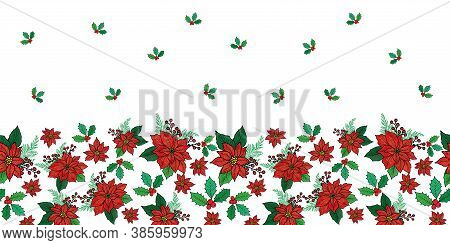 Seamless Christmas Horizontal Border Pattern With Red Poinsettia, Holly, Mistletoe And Berries On Wh