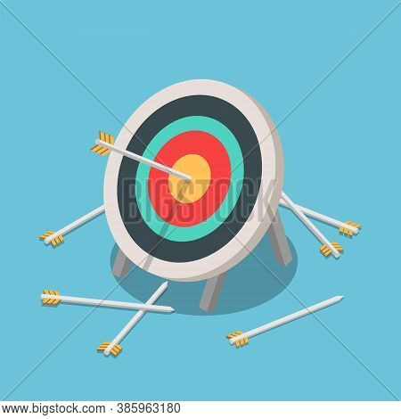 Flat 3d Isometric One Of Many Arrow Hitting On The Center Of Target. Business Success And Competitio