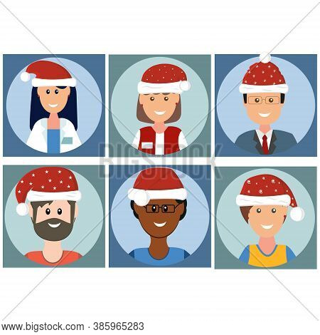 Icons Of People In New Year Hats In Flect Style, Color Vector Illustration, Clipart, Design, Decorat
