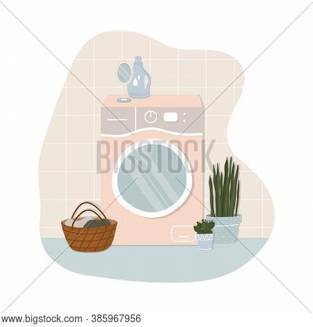 Washing Machine With Washing Clothes Vector Illustration In Flat Cartoon Style. Vector Stock Illustr