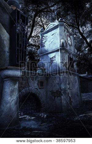 Castillo medieval de pirata misterio, en el bosque por la noche