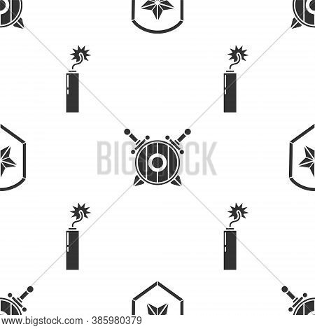 Set Police Badge, Wooden Shield With Crossed Swords And Dynamite Bomb Stick Clock On Seamless Patter