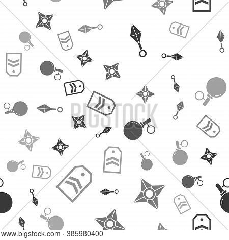 Set Japanese Ninja Shuriken, Japanese Ninja Shuriken, Hand Grenade And Chevron On Seamless Pattern. 